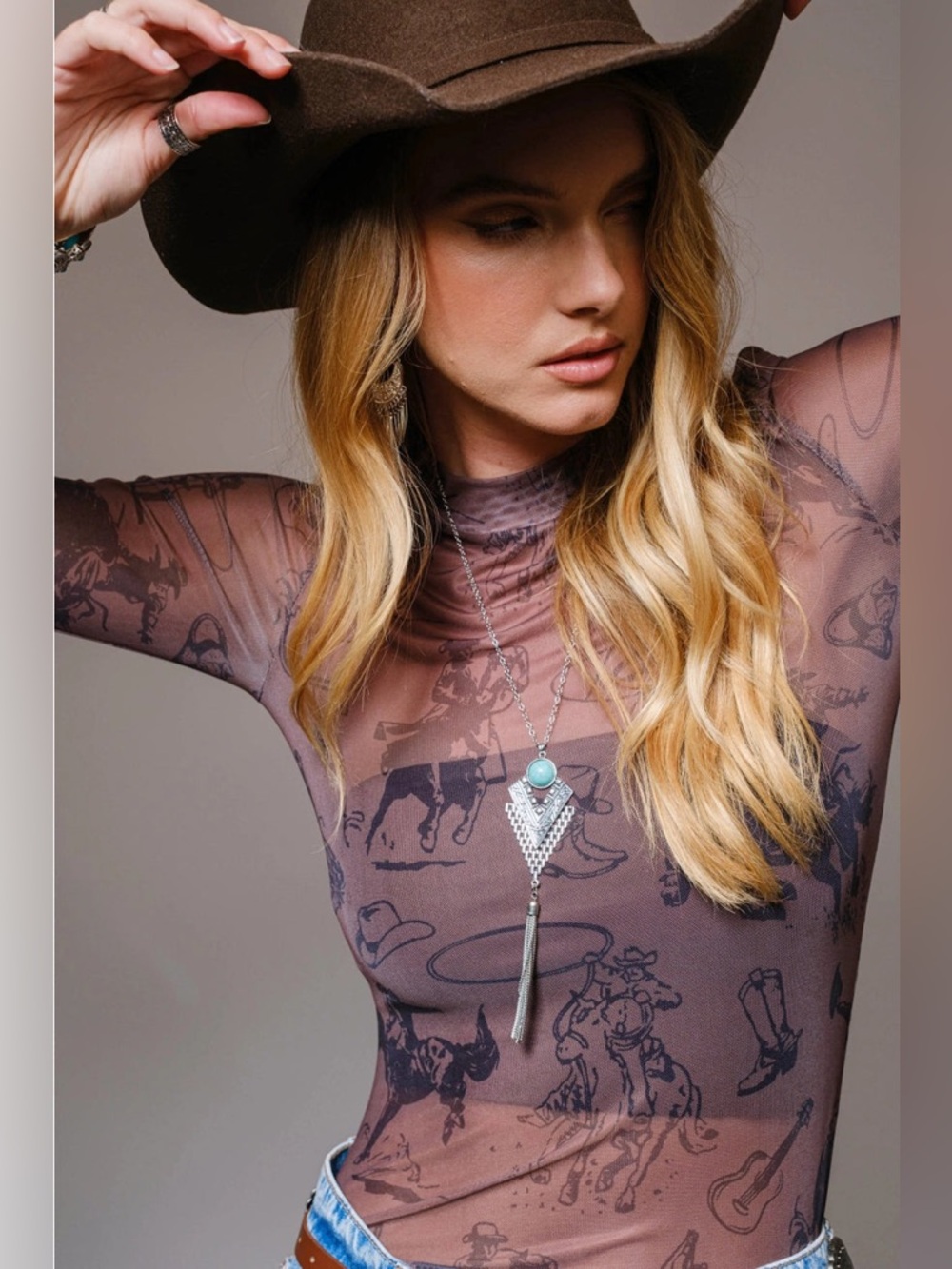 Western Cowgirl Print Mock Neck Long Sleeve Mesh Top - Blue B - Picture 3 of 8